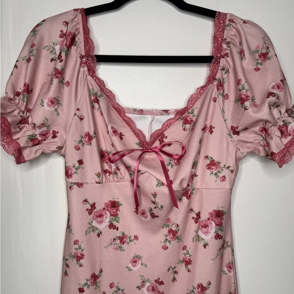 CIDER pink floral square neck knit midi dress lace trim y2k whimsical cottage